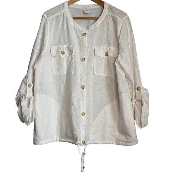 Liz Claiborne White Linen Blend Blouse Women's XL Button Down and Drawstring - Picture 1 of 6